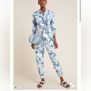 New Anthropologie Lucienne Belted Jumpsuit blue white size 10